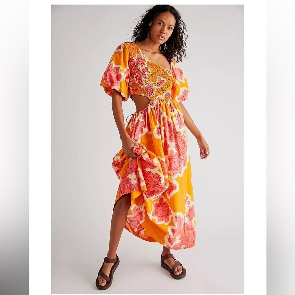 Free People Yellow & Pink Floral Cutout Midi Dress